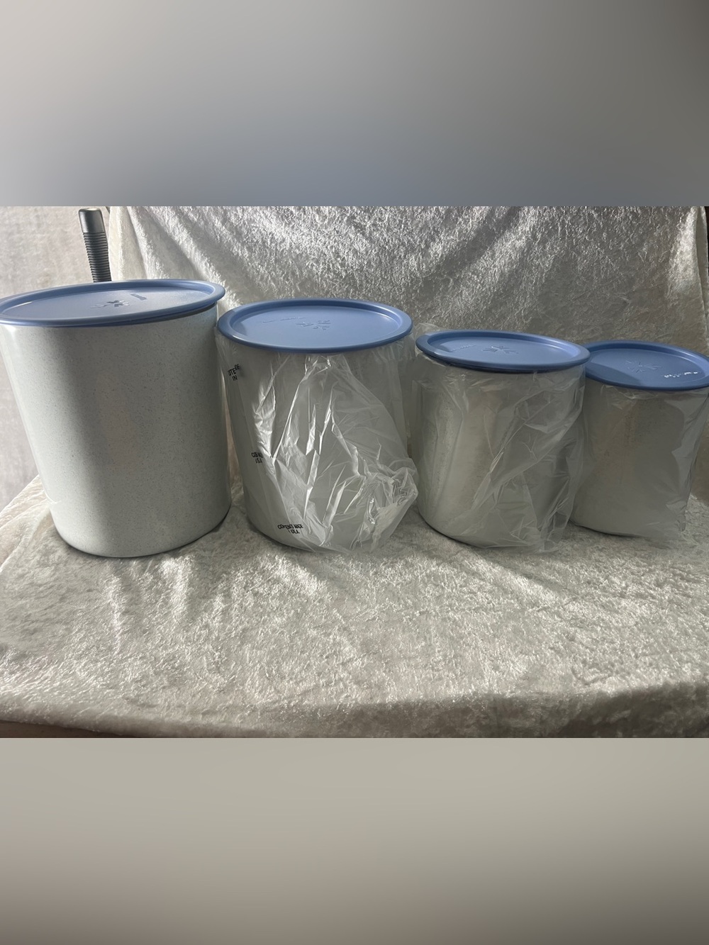 Set of 4 grey  Kitchen Canisters with Light Blue Lids